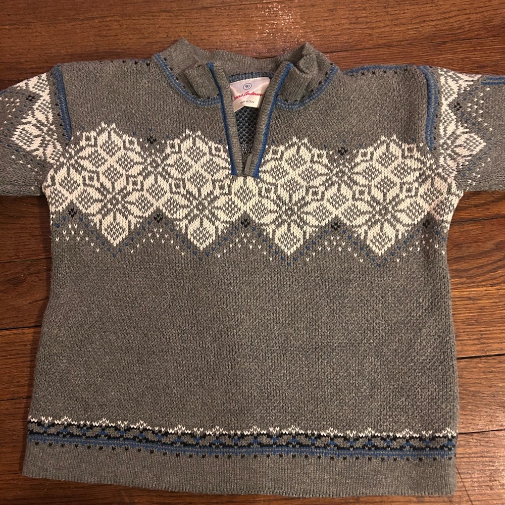 Hanna Andersson Gray Knit Sweater with White Fair Isle and Blue Trim